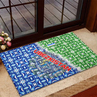 Uzbekistan Rubber Doormat with Ikat Pattern and National Coat of Arms Design - Wonder Print Shop