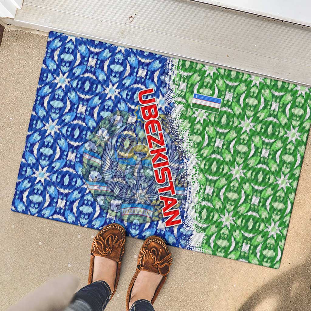 Uzbekistan Rubber Doormat with Ikat Pattern and National Coat of Arms Design - Wonder Print Shop