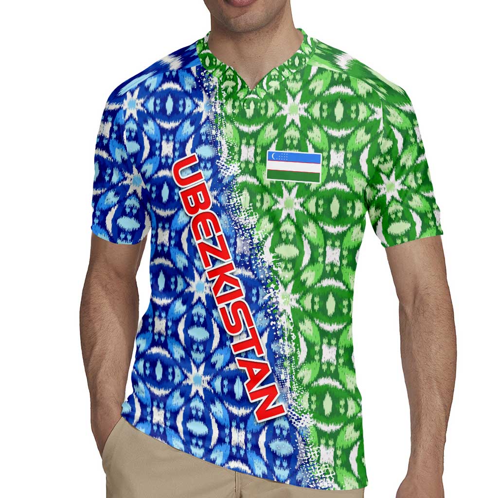 Uzbekistan Rugby Jersey with Ikat Pattern and National Coat of Arms Design - Wonder Print Shop