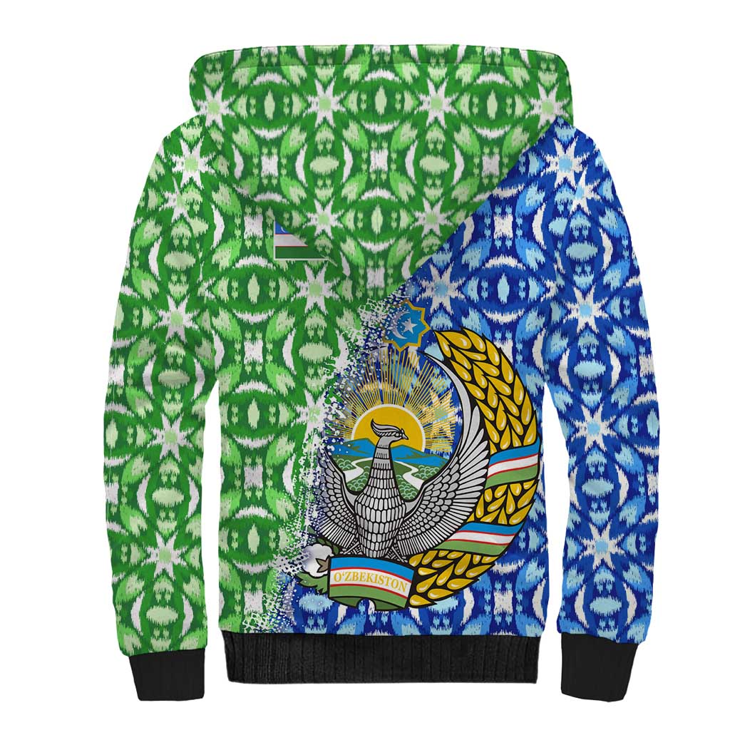 Uzbekistan Sherpa Hoodie with Ikat Pattern and National Coat of Arms Design - Wonder Print Shop