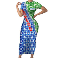 Uzbekistan Short Sleeve Bodycon Dress with Ikat Pattern and National Coat of Arms Design - Wonder Print Shop