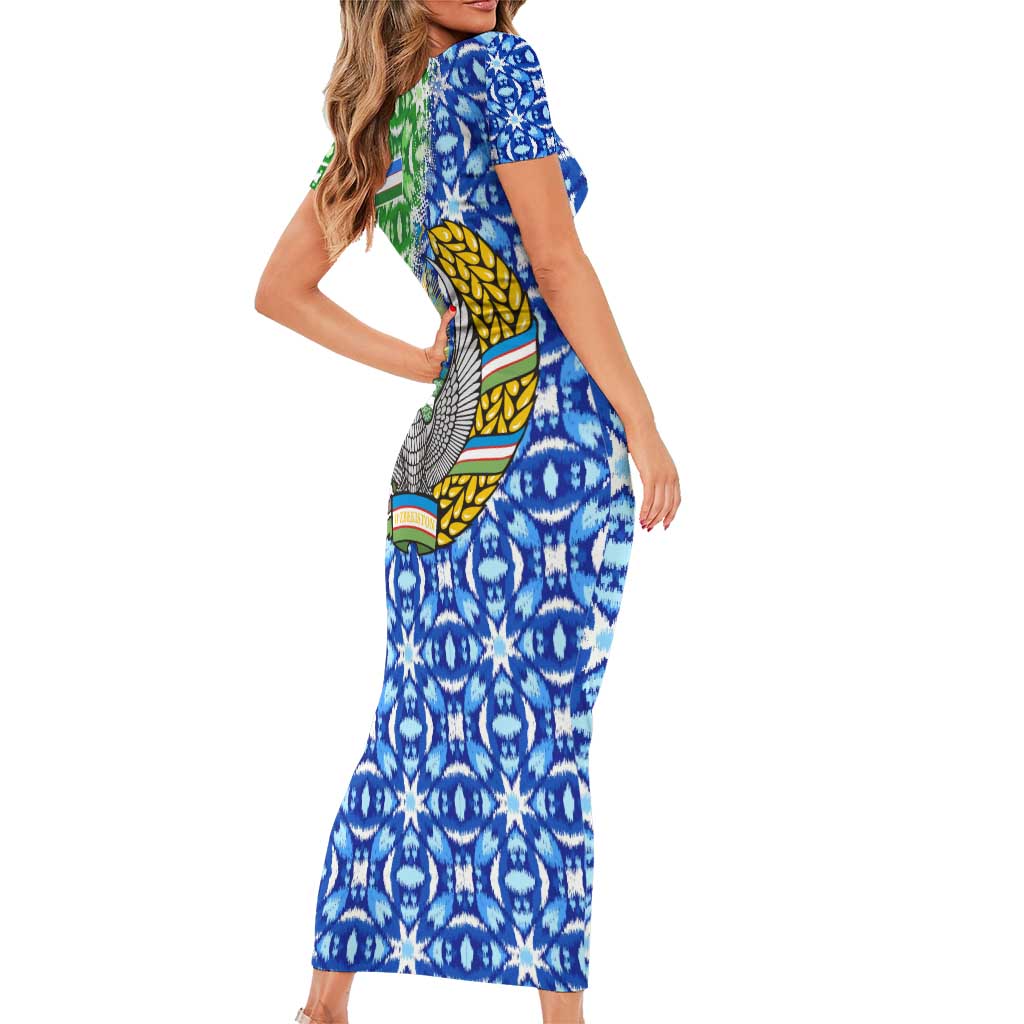 Uzbekistan Short Sleeve Bodycon Dress with Ikat Pattern and National Coat of Arms Design - Wonder Print Shop