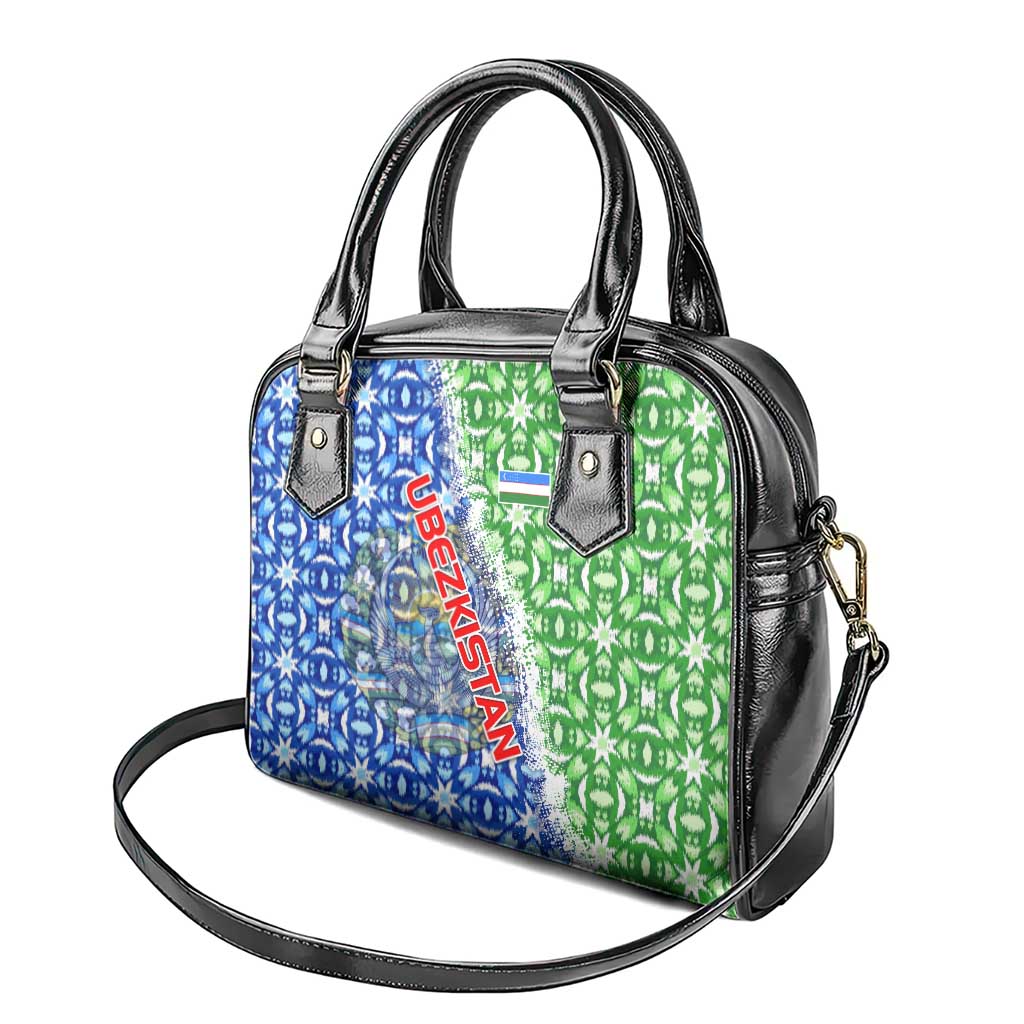Uzbekistan Shoulder Handbag with Ikat Pattern and National Coat of Arms Design - Wonder Print Shop