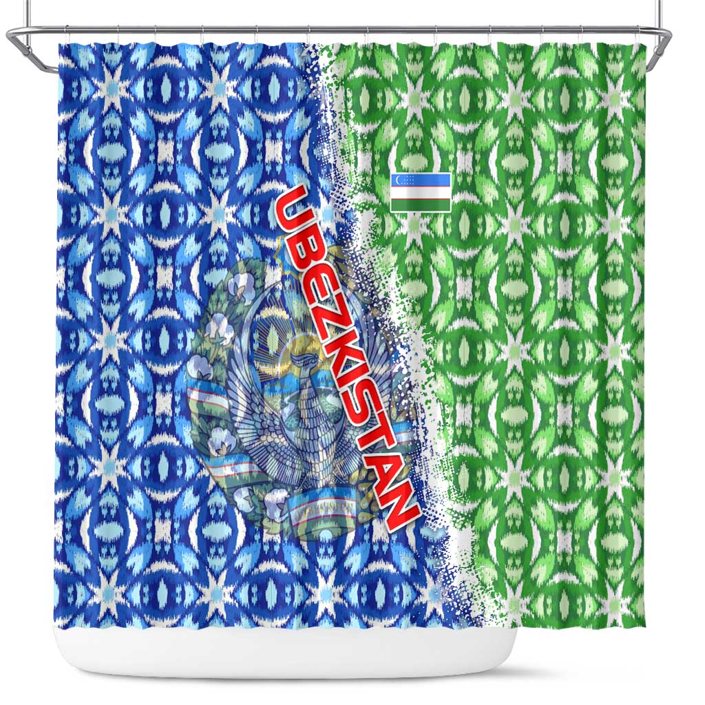 Uzbekistan Shower Curtain with Ikat Pattern and National Coat of Arms Design - Wonder Print Shop