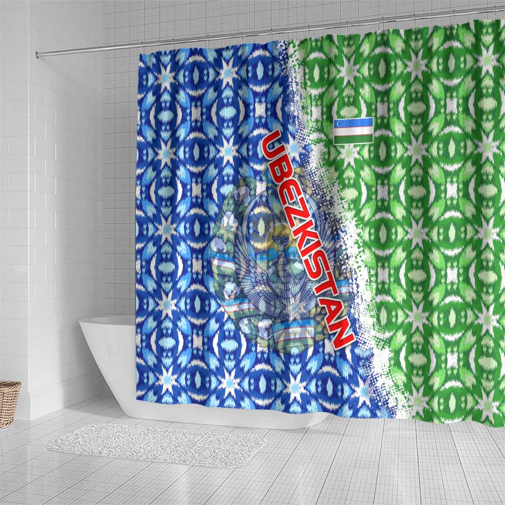 Uzbekistan Shower Curtain with Ikat Pattern and National Coat of Arms Design - Wonder Print Shop
