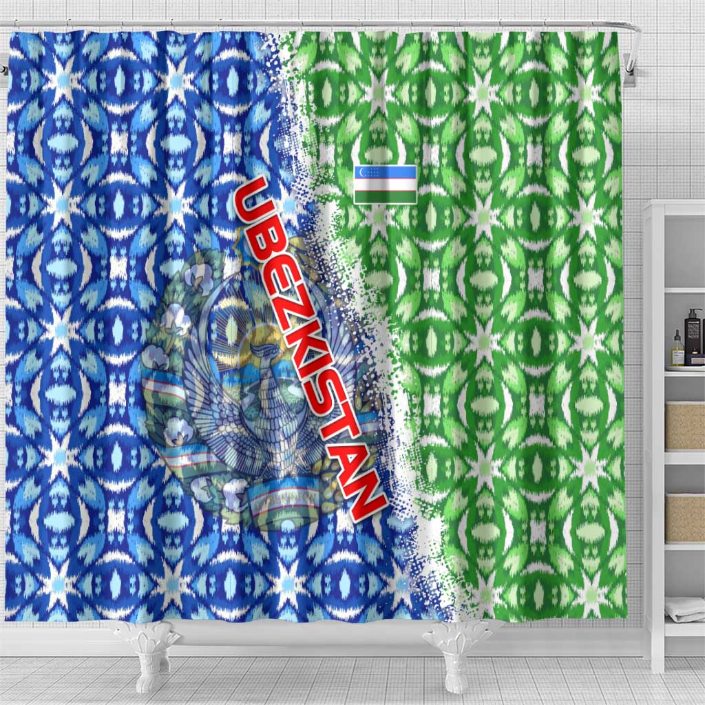 Uzbekistan Shower Curtain with Ikat Pattern and National Coat of Arms Design - Wonder Print Shop