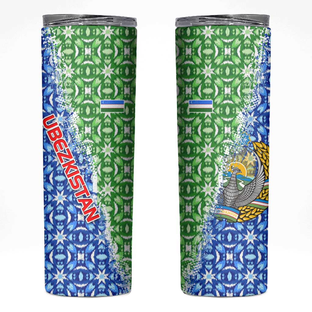 Uzbekistan Skinny Tumbler with Ikat Pattern and National Coat of Arms Design - Wonder Print Shop