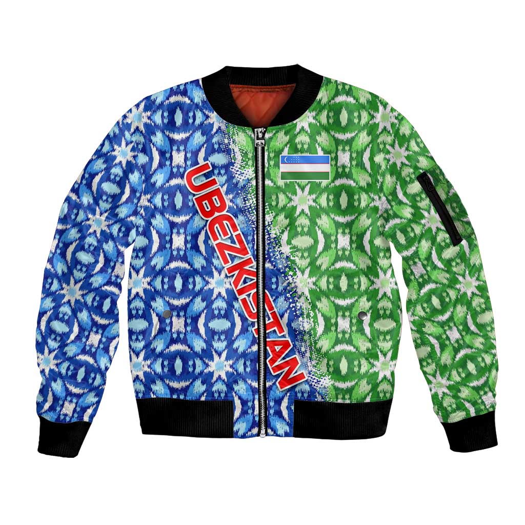 Uzbekistan Sleeve Zip Bomber Jacket with Ikat Pattern and National Coat of Arms Design - Wonder Print Shop