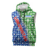Uzbekistan Sleeveless Hoodie with Ikat Pattern and National Coat of Arms Design - Wonder Print Shop