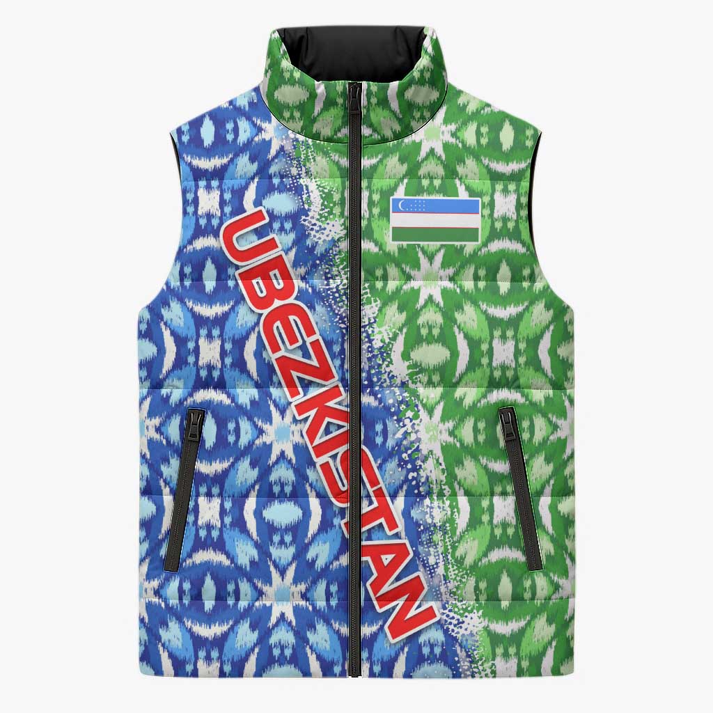 Uzbekistan Sleeveless Puffer Jacket with Ikat Pattern and National Coat of Arms Design - Wonder Print Shop