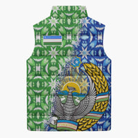 Uzbekistan Sleeveless Puffer Jacket with Ikat Pattern and National Coat of Arms Design - Wonder Print Shop