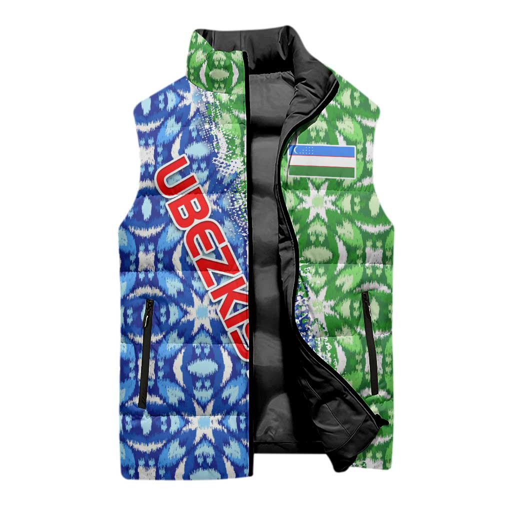 Uzbekistan Sleeveless Puffer Jacket with Ikat Pattern and National Coat of Arms Design - Wonder Print Shop