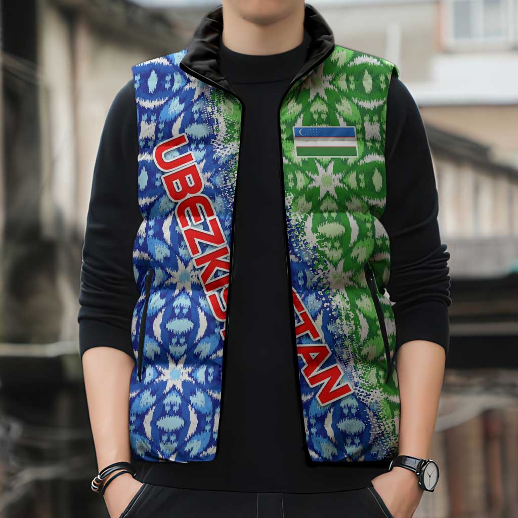 Uzbekistan Sleeveless Puffer Jacket with Ikat Pattern and National Coat of Arms Design - Wonder Print Shop