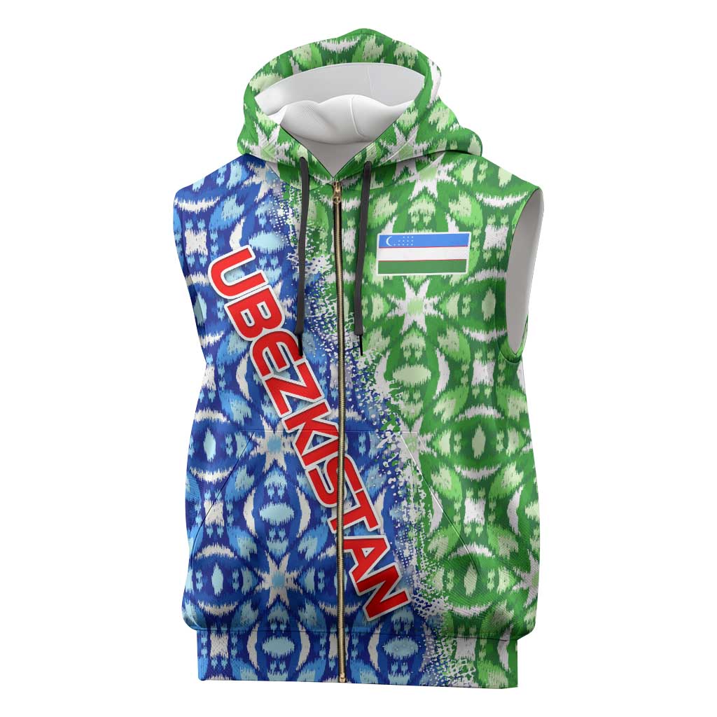 Uzbekistan Sleeveless Zip Hoodie with Ikat Pattern and National Coat of Arms Design - Wonder Print Shop