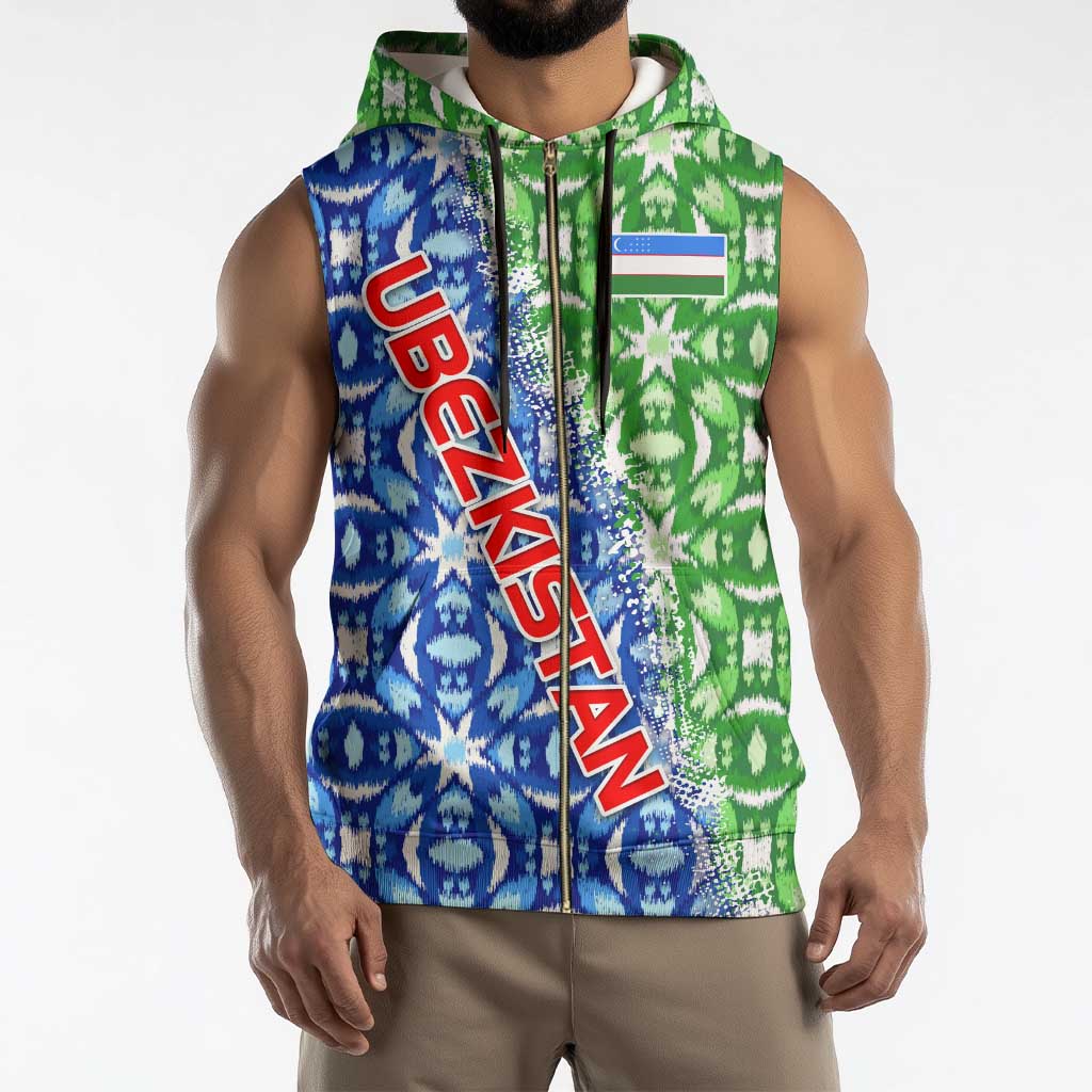 Uzbekistan Sleeveless Zip Hoodie with Ikat Pattern and National Coat of Arms Design - Wonder Print Shop