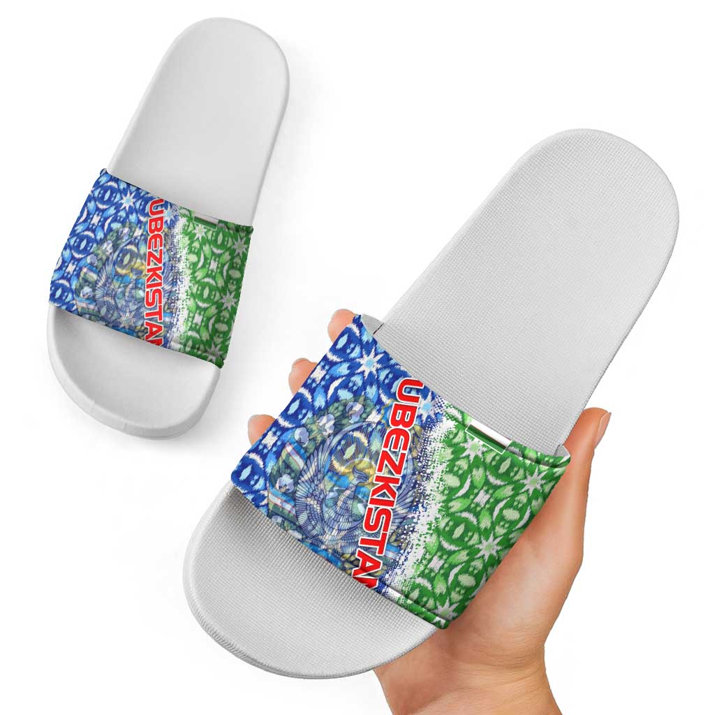Uzbekistan Slide Sandals with Ikat Pattern and National Coat of Arms Design - Wonder Print Shop