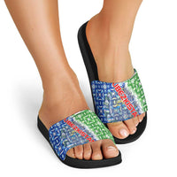 Uzbekistan Slide Sandals with Ikat Pattern and National Coat of Arms Design - Wonder Print Shop