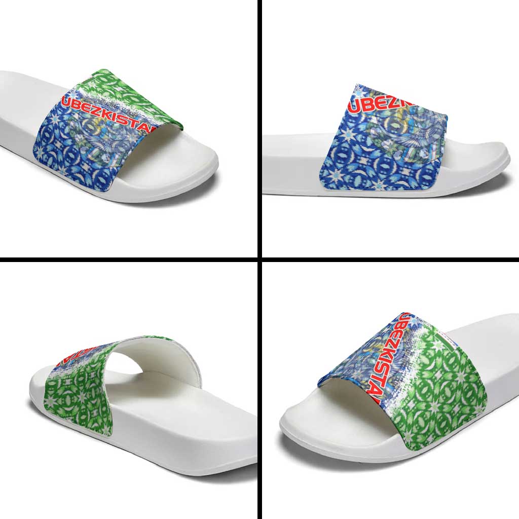 Uzbekistan Slide Sandals with Ikat Pattern and National Coat of Arms Design - Wonder Print Shop