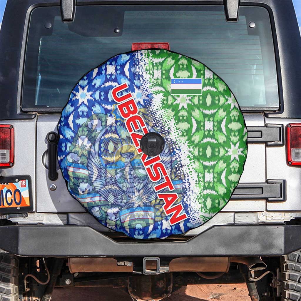 Uzbekistan Spare Tire Cover with Ikat Pattern and National Coat of Arms Design - Wonder Print Shop