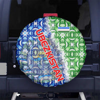 Uzbekistan Spare Tire Cover with Ikat Pattern and National Coat of Arms Design - Wonder Print Shop