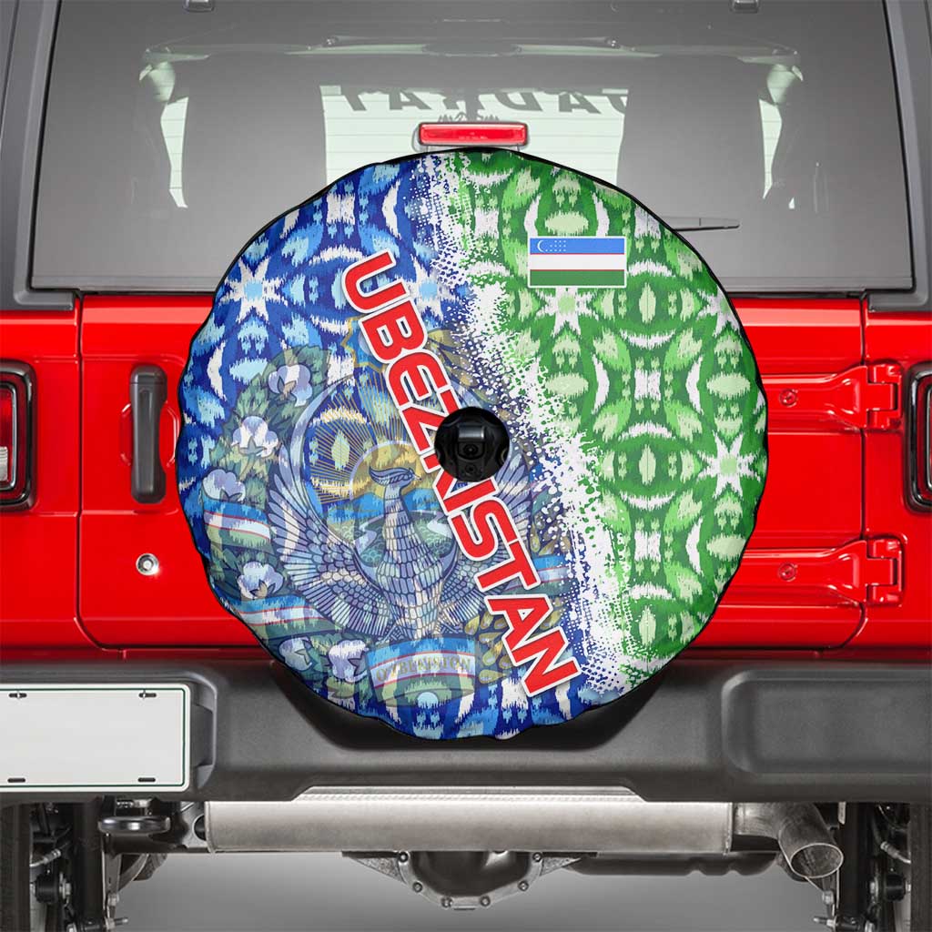 Uzbekistan Spare Tire Cover with Ikat Pattern and National Coat of Arms Design - Wonder Print Shop