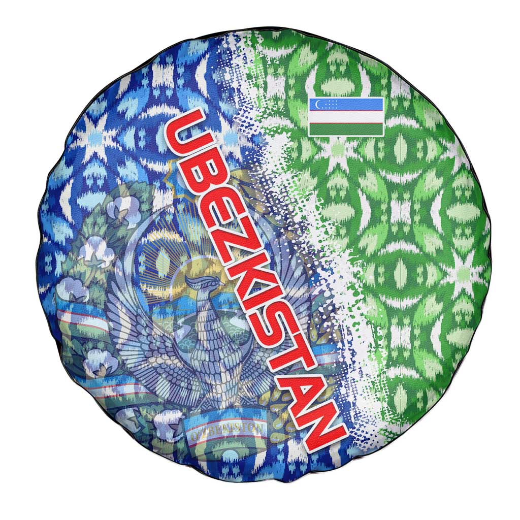 Uzbekistan Spare Tire Cover with Ikat Pattern and National Coat of Arms Design - Wonder Print Shop
