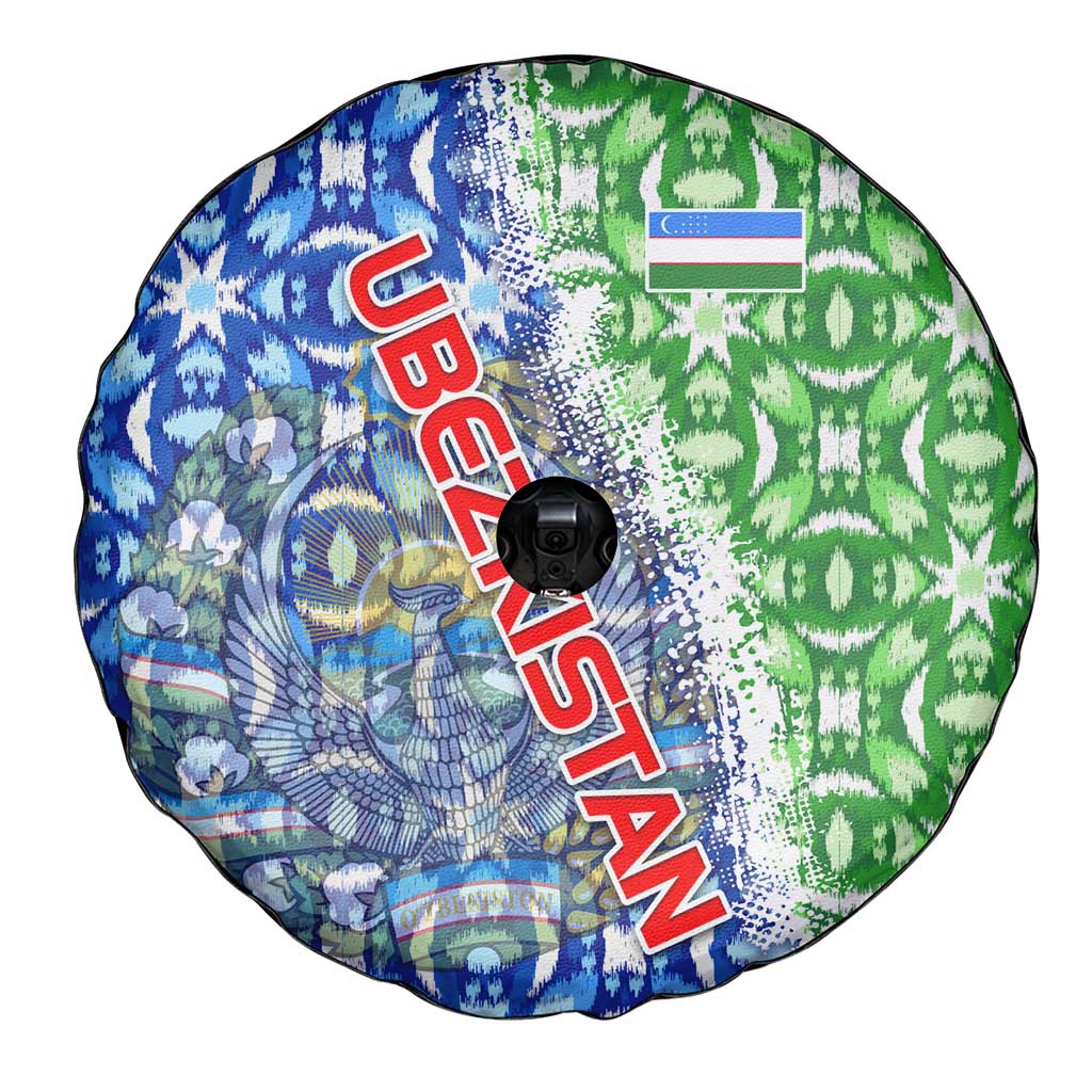Uzbekistan Spare Tire Cover with Ikat Pattern and National Coat of Arms Design - Wonder Print Shop