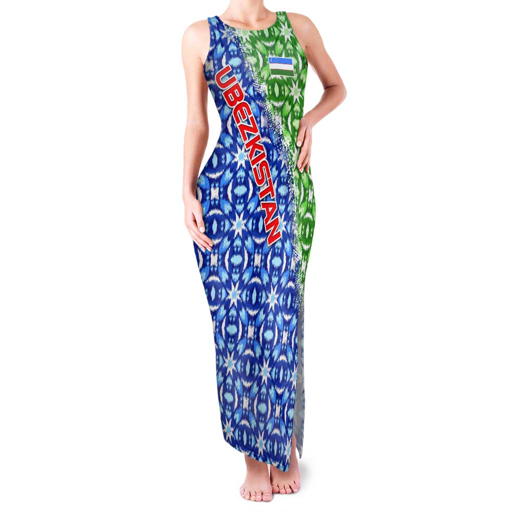 Uzbekistan Tank Maxi Dress with Ikat Pattern and National Coat of Arms Design - Wonder Print Shop