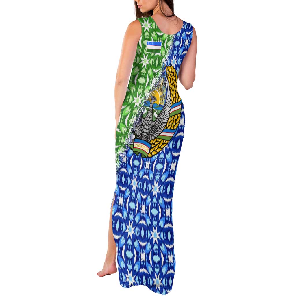 Uzbekistan Tank Maxi Dress with Ikat Pattern and National Coat of Arms Design - Wonder Print Shop