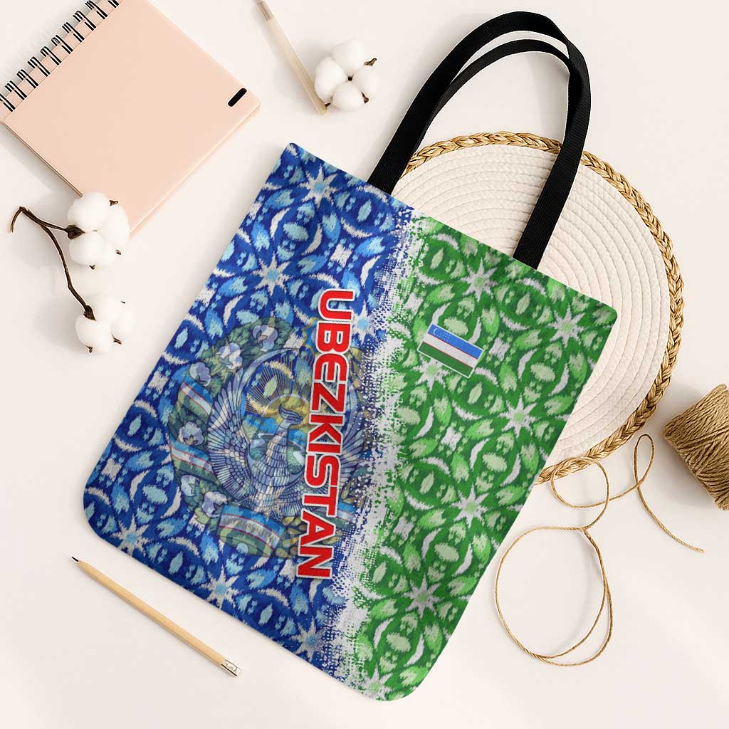 Uzbekistan Tote Bag with Ikat Pattern and National Coat of Arms Design - Wonder Print Shop