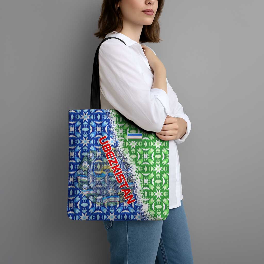Uzbekistan Tote Bag with Ikat Pattern and National Coat of Arms Design - Wonder Print Shop