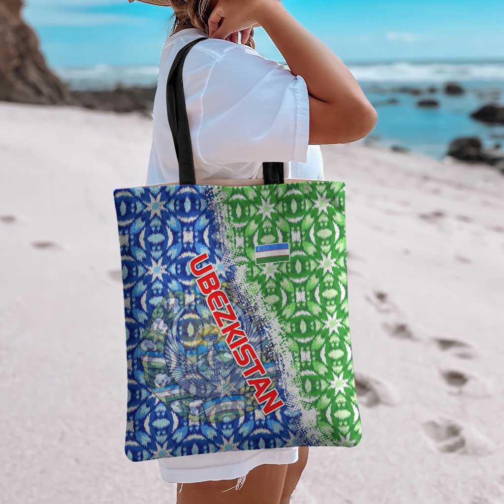 Uzbekistan Tote Bag with Ikat Pattern and National Coat of Arms Design - Wonder Print Shop