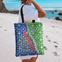 Uzbekistan Tote Bag with Ikat Pattern and National Coat of Arms Design - Wonder Print Shop