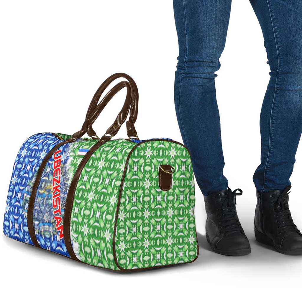 Uzbekistan Travel Bag with Ikat Pattern and National Coat of Arms Design - Wonder Print Shop