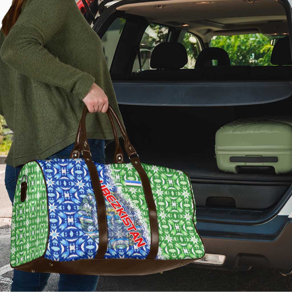 Uzbekistan Travel Bag with Ikat Pattern and National Coat of Arms Design - Wonder Print Shop