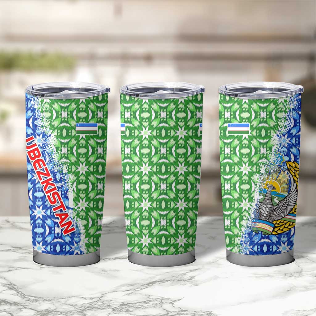 Uzbekistan Tumbler Cup with Ikat Pattern and National Coat of Arms Design - Wonder Print Shop