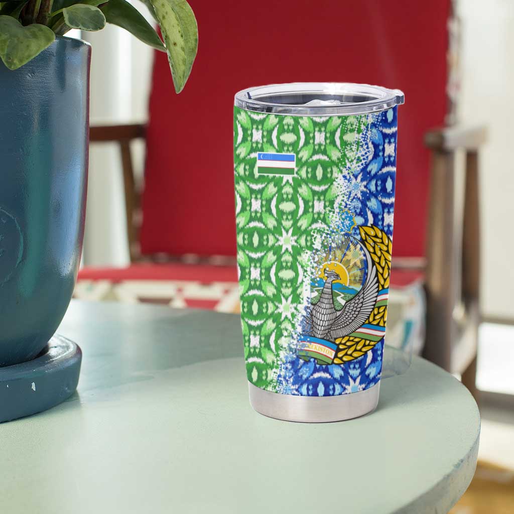 Uzbekistan Tumbler Cup with Ikat Pattern and National Coat of Arms Design - Wonder Print Shop