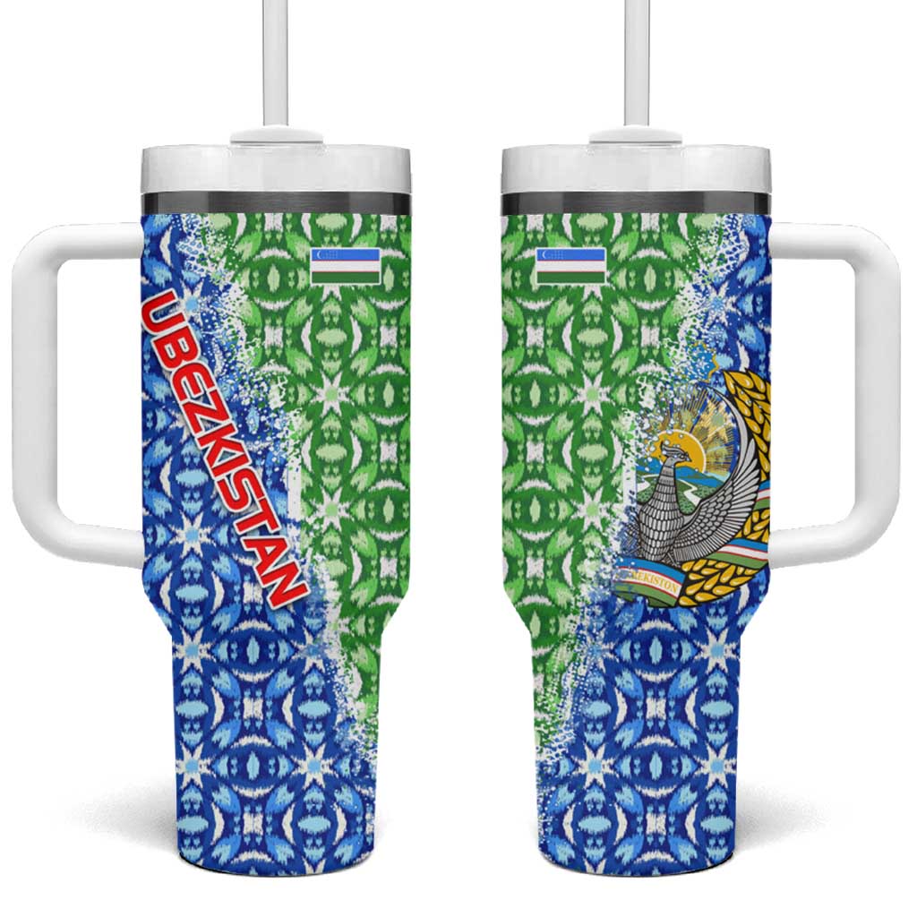 Uzbekistan Tumbler With Handle with Ikat Pattern and National Coat of Arms Design - Wonder Print Shop