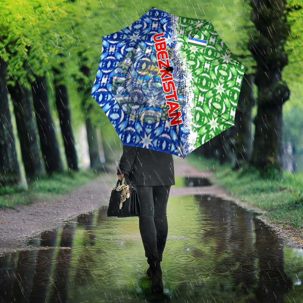 Uzbekistan Umbrella with Ikat Pattern and National Coat of Arms Design - Wonder Print Shop
