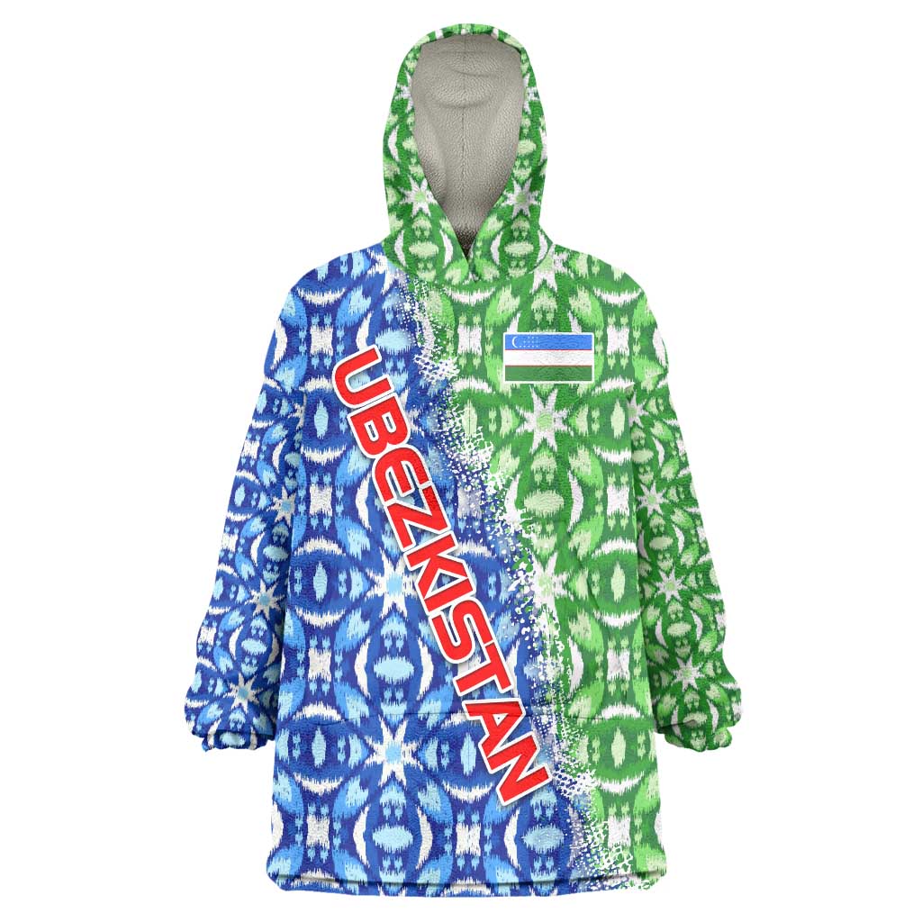 Uzbekistan Wearable Blanket Hoodie with Ikat Pattern and National Coat of Arms Design - Wonder Print Shop