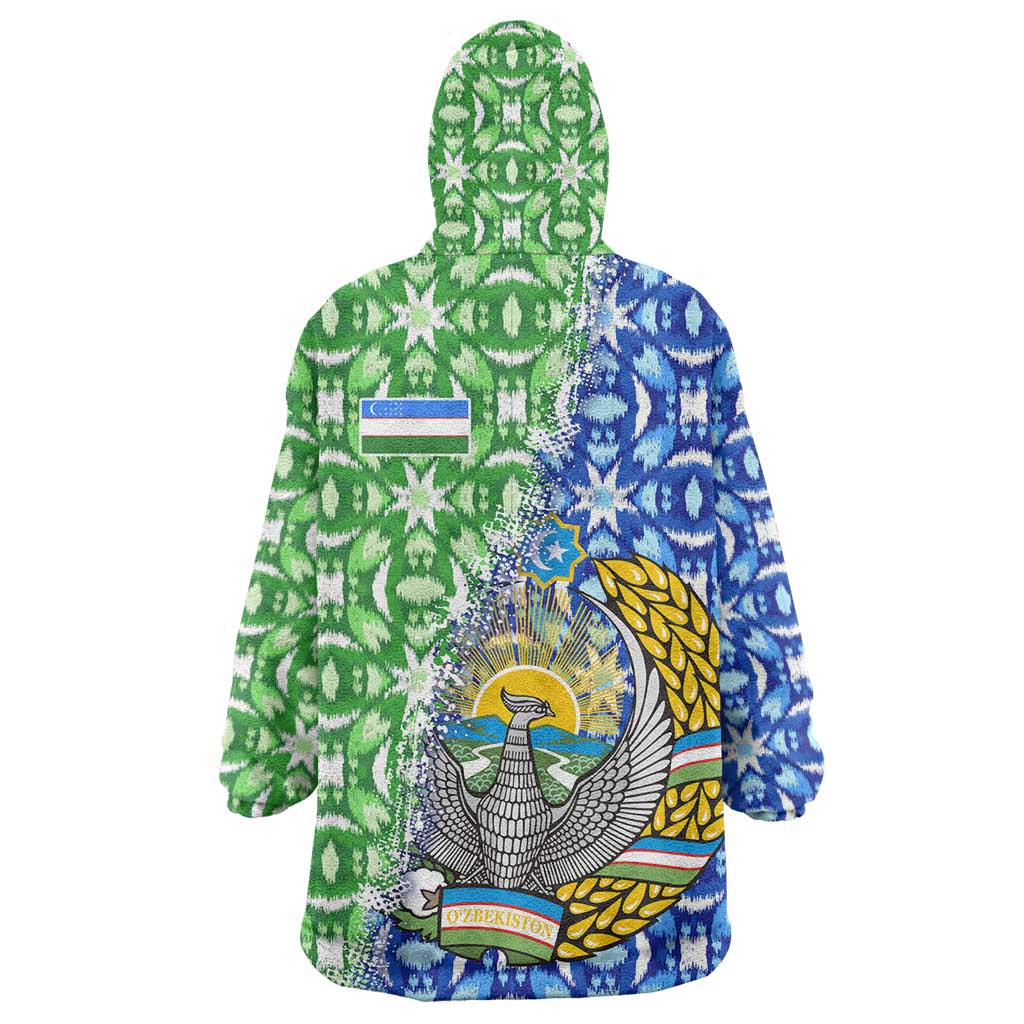 Uzbekistan Wearable Blanket Hoodie with Ikat Pattern and National Coat of Arms Design - Wonder Print Shop