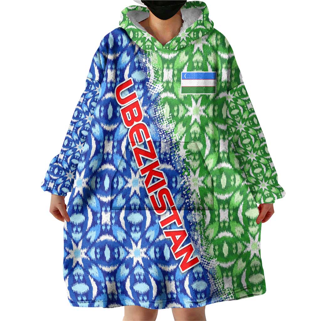 Uzbekistan Wearable Blanket Hoodie with Ikat Pattern and National Coat of Arms Design - Wonder Print Shop