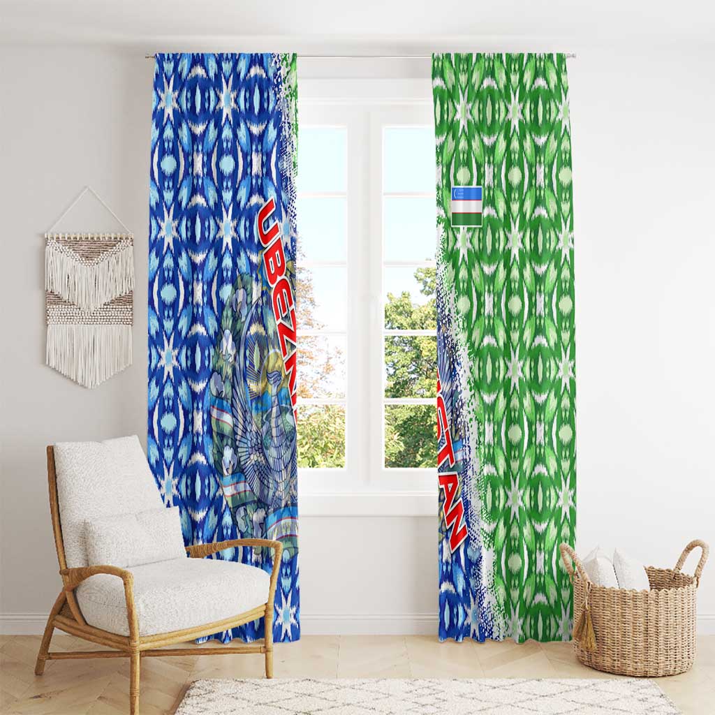 Uzbekistan Window Curtain with Ikat Pattern and National Coat of Arms Design - Wonder Print Shop