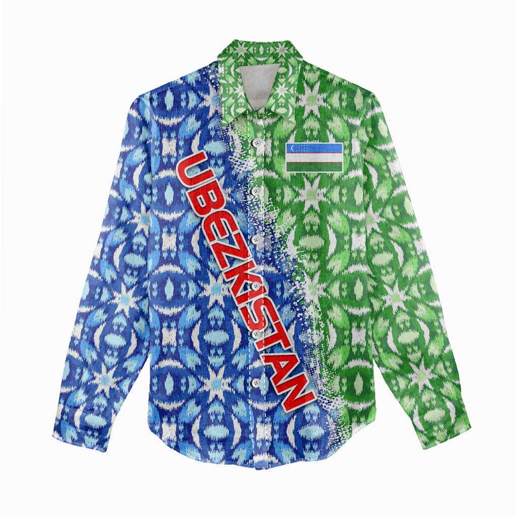 Uzbekistan Women Casual Shirt with Ikat Pattern and National Coat of Arms Design - Wonder Print Shop