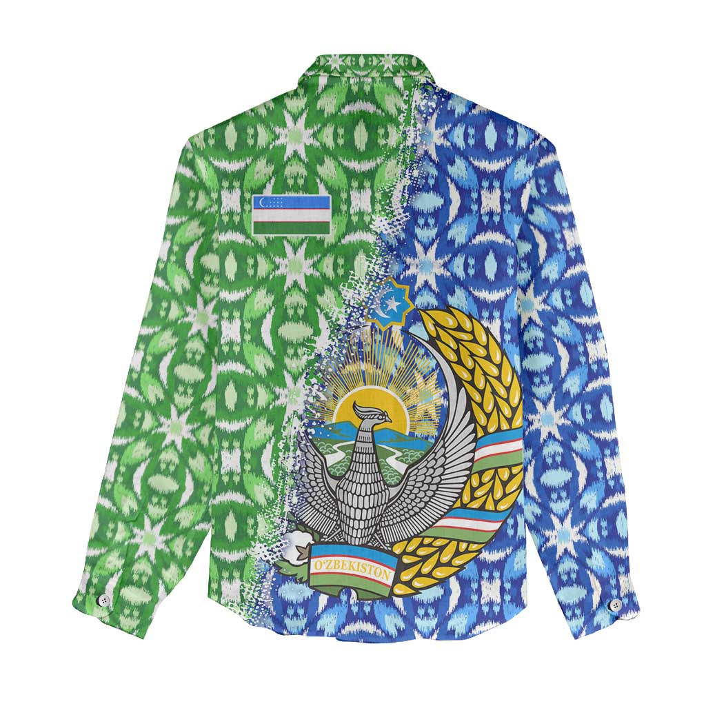 Uzbekistan Women Casual Shirt with Ikat Pattern and National Coat of Arms Design - Wonder Print Shop