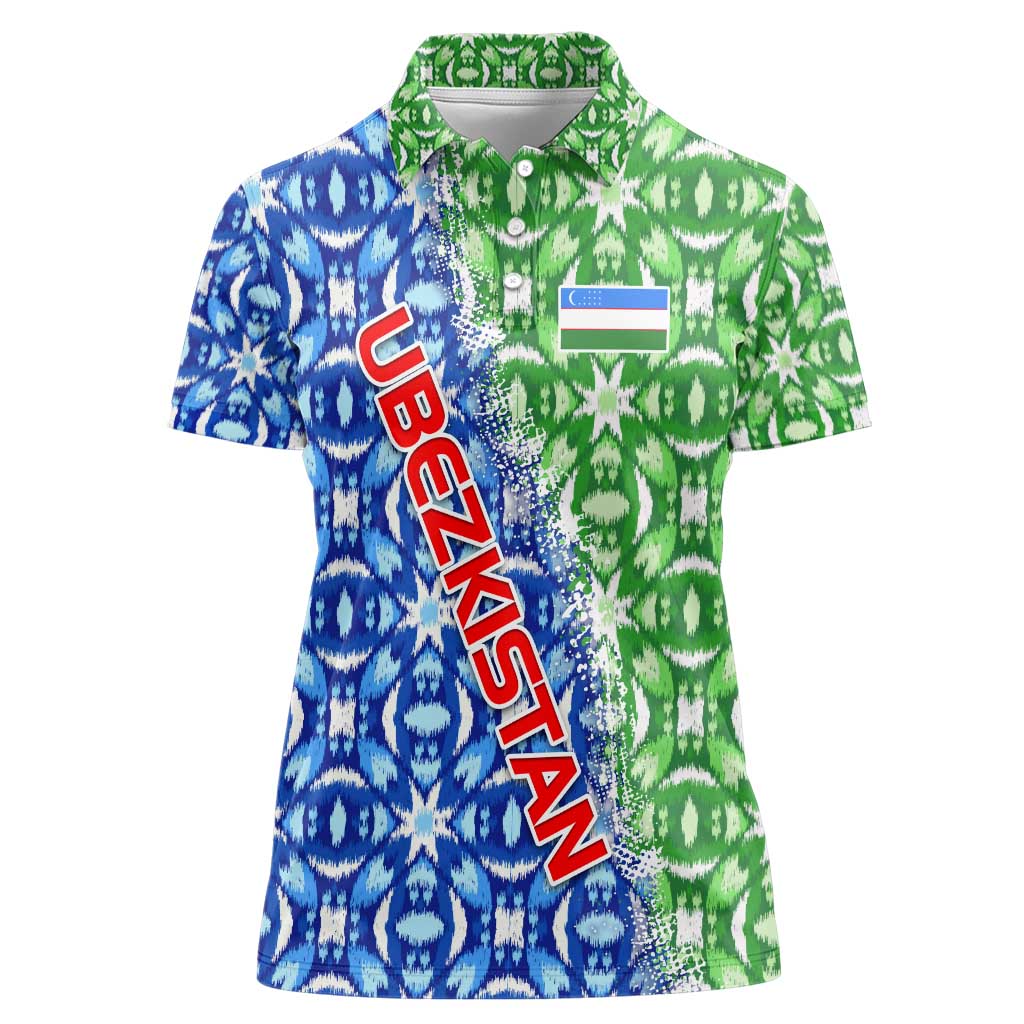 Uzbekistan Women Polo Shirt with Ikat Pattern and National Coat of Arms Design - Wonder Print Shop