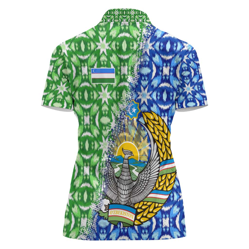 Uzbekistan Women Polo Shirt with Ikat Pattern and National Coat of Arms Design - Wonder Print Shop