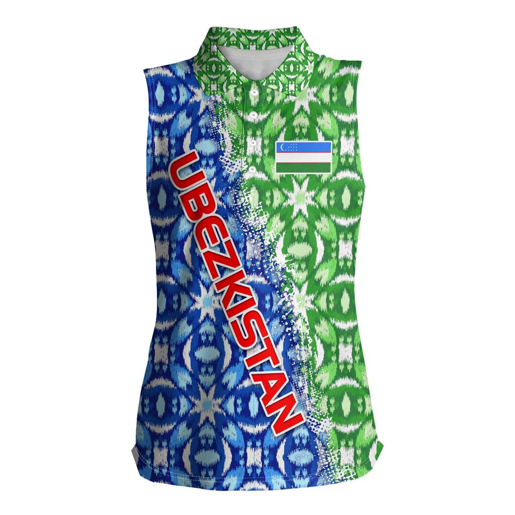 Uzbekistan Women Sleeveless Polo Shirt with Ikat Pattern and National Coat of Arms Design - Wonder Print Shop