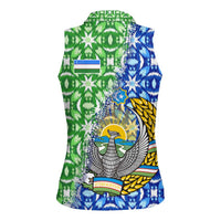 Uzbekistan Women Sleeveless Polo Shirt with Ikat Pattern and National Coat of Arms Design - Wonder Print Shop