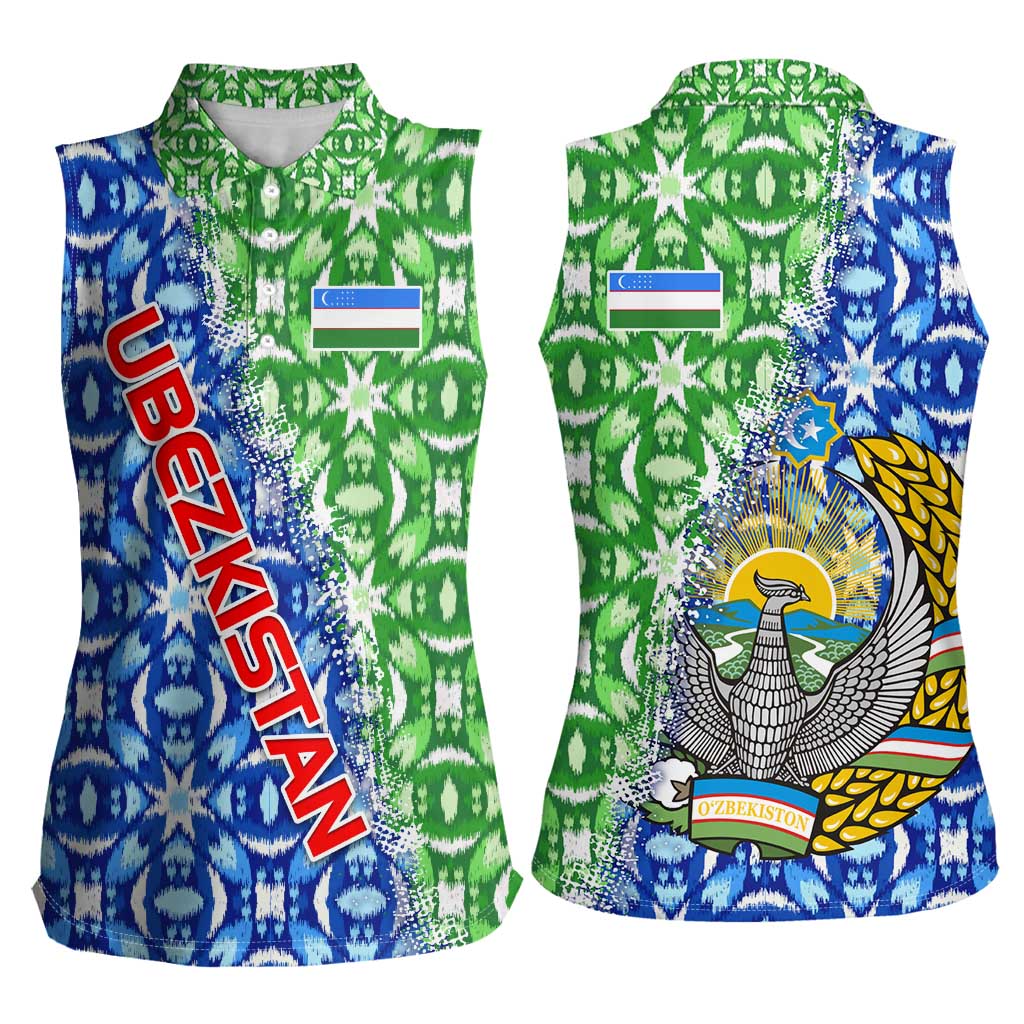 Uzbekistan Women Sleeveless Polo Shirt with Ikat Pattern and National Coat of Arms Design - Wonder Print Shop